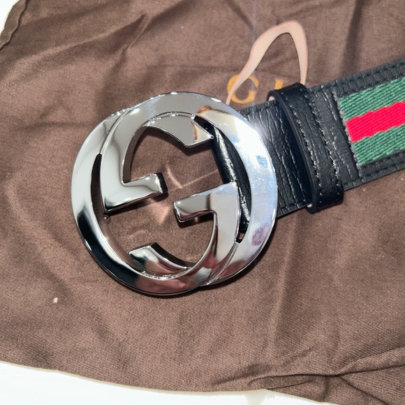 Gucci Silver Buckle Belt with Black and Green Stripes - Picture 1 of 4